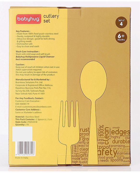 Babyhug Stainless Steel Spoon & Fork Set - Pack of 4