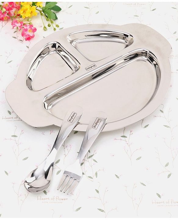 Babyhug Stainless Steel Section Plate Set With Spoon And Fork - Silver