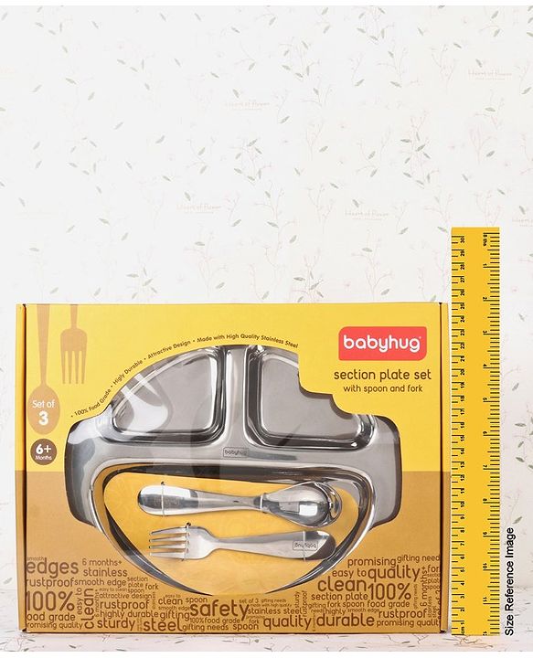 Babyhug Stainless Steel Section Plate Set With Spoon And Fork - Silver