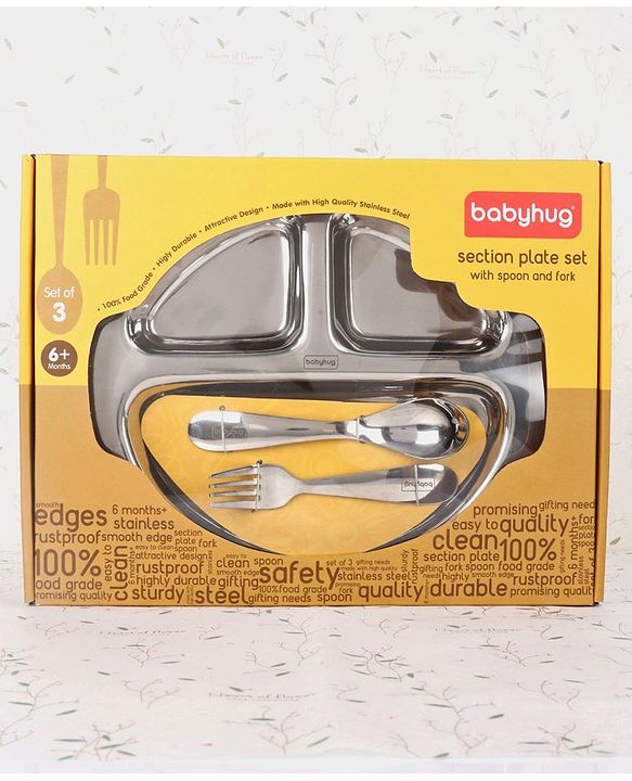 Babyhug Stainless Steel Section Plate Set With Spoon And Fork - Silver