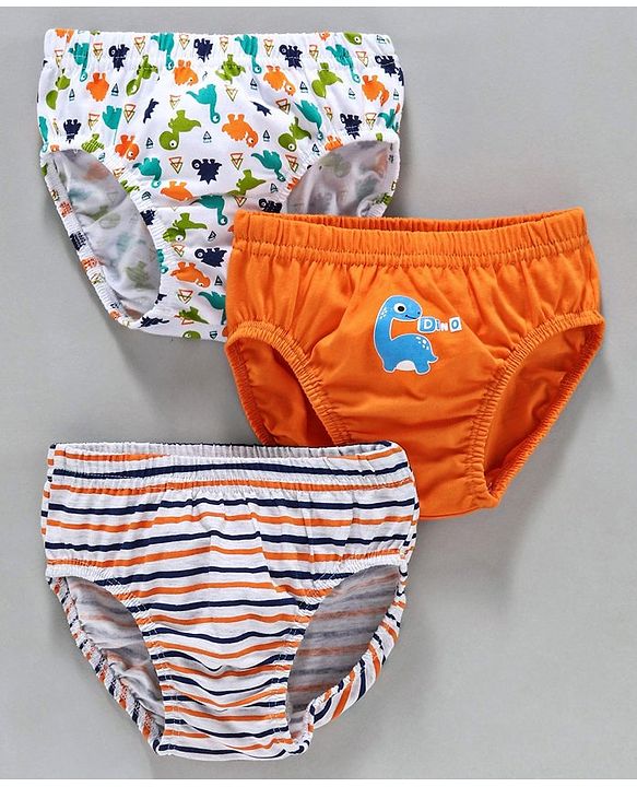 Babyhug 100% Cotton Briefs Dino Print Pack of 3 - White Orange