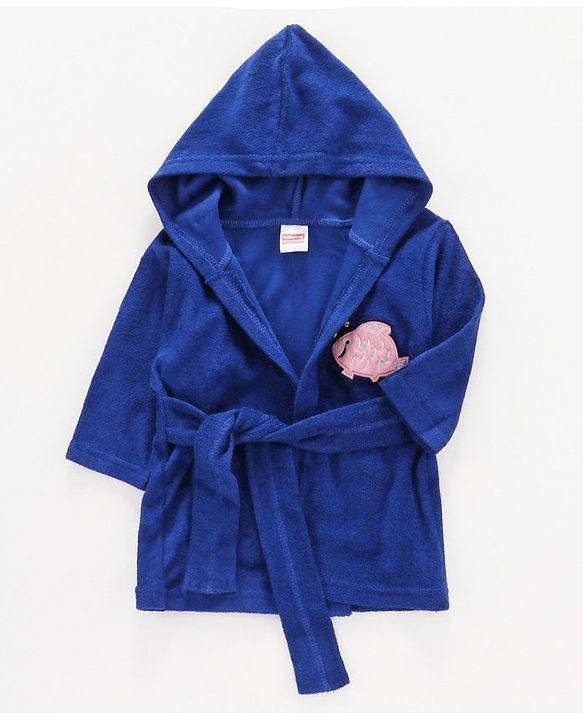 Babyhug Full Sleeves Hooded Bathrobe Fish Embroidery - Blue