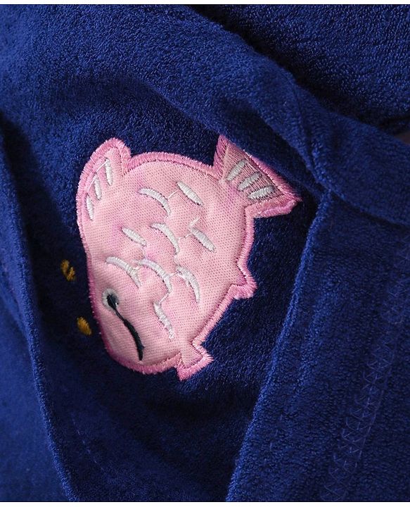 Babyhug Full Sleeves Hooded Bathrobe Fish Embroidery - Blue