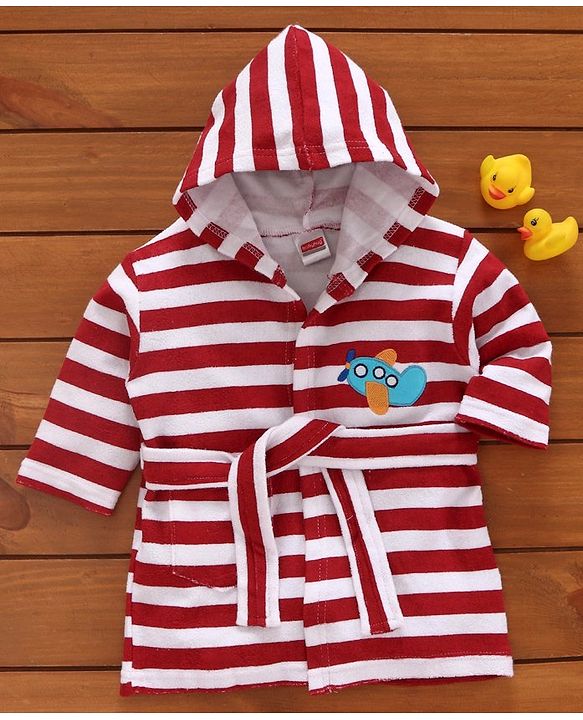 Babyhug Three Fourth Sleeves Striped Hooded Bathrobe - Red White