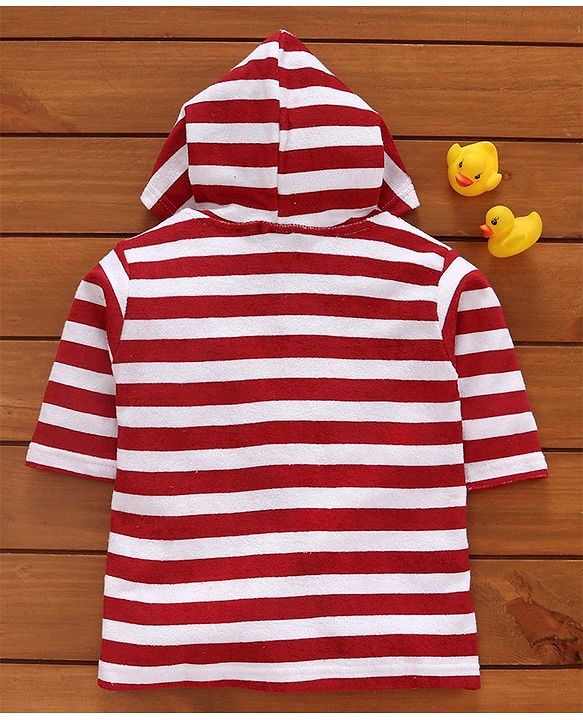 Babyhug Three Fourth Sleeves Striped Hooded Bathrobe - Red White