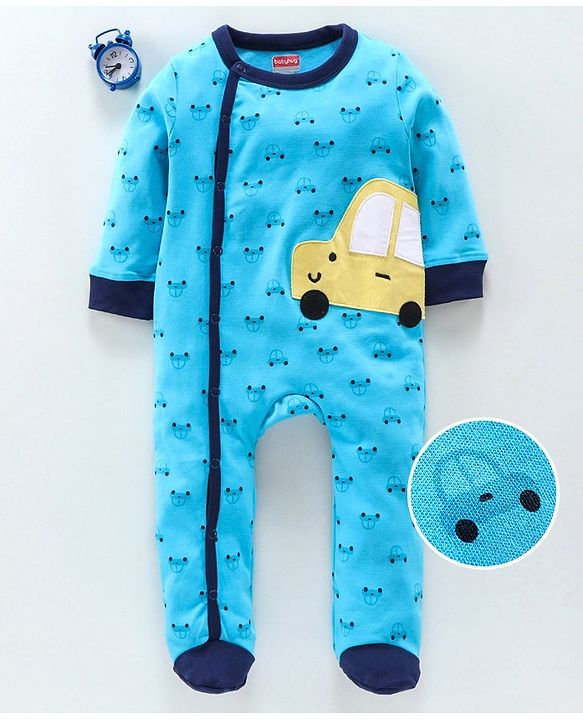 Babyhug Full Sleeves Footed Cotton Sleepsuit Car Patch - Aqua Blue