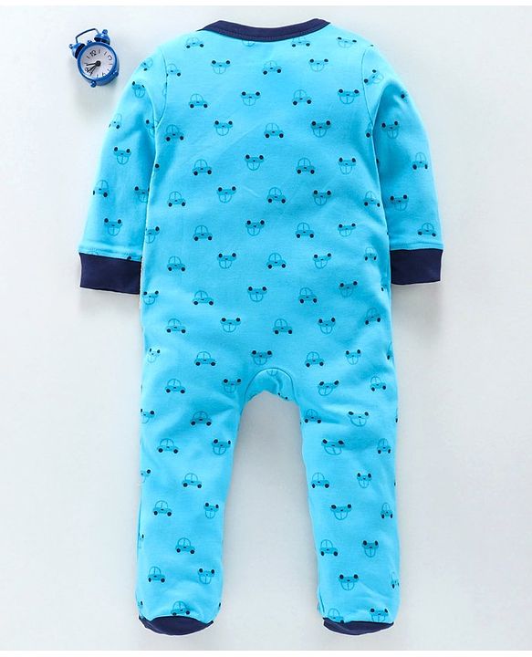 Babyhug Full Sleeves Footed Cotton Sleepsuit Car Patch - Aqua Blue