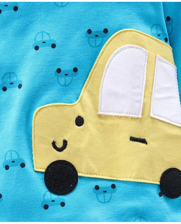 Babyhug Full Sleeves Footed Cotton Sleepsuit Car Patch - Aqua Blue