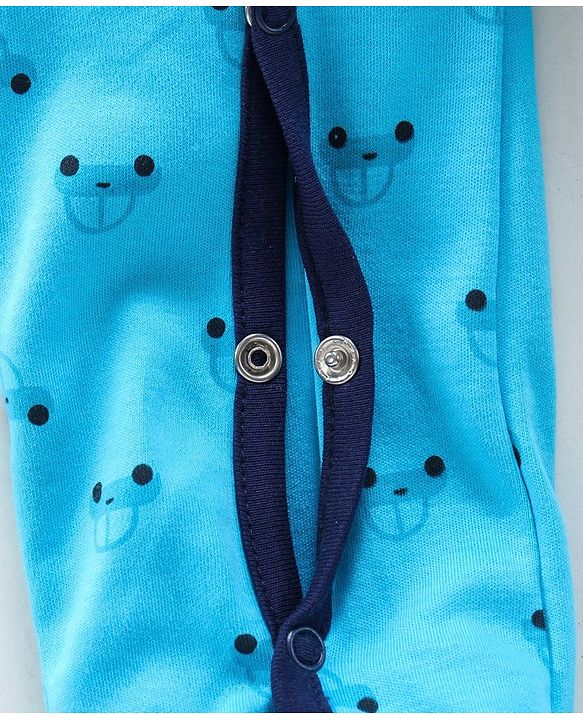 Babyhug Full Sleeves Footed Cotton Sleepsuit Car Patch - Aqua Blue