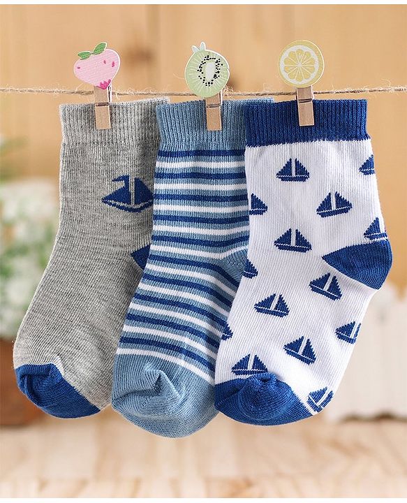 Cute Walk by Babyhug Ankle Length Non Terry Anti-bacterial Stripes & Boat Design Socks Pack of 3 Pairs - Blue Grey