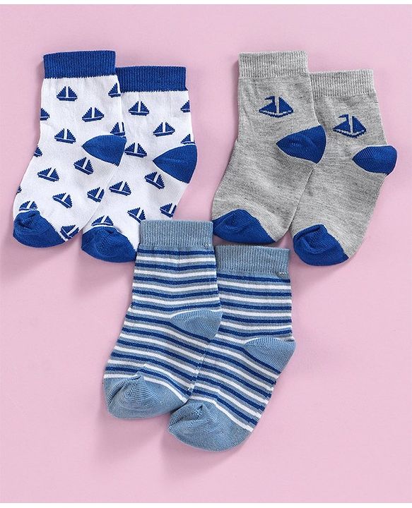 Cute Walk by Babyhug Ankle Length Non Terry Anti-bacterial Stripes & Boat Design Socks Pack of 3 Pairs - Blue Grey