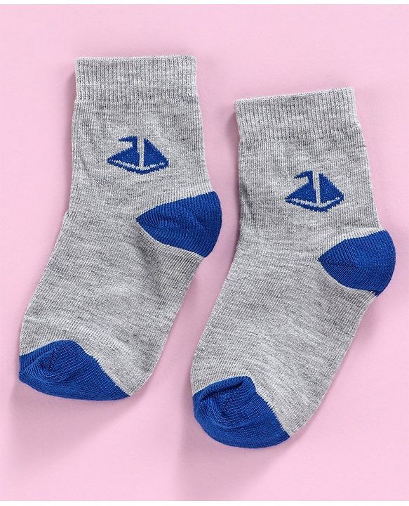 Cute Walk by Babyhug Ankle Length Non Terry Anti-bacterial Stripes & Boat Design Socks Pack of 3 Pairs - Blue Grey