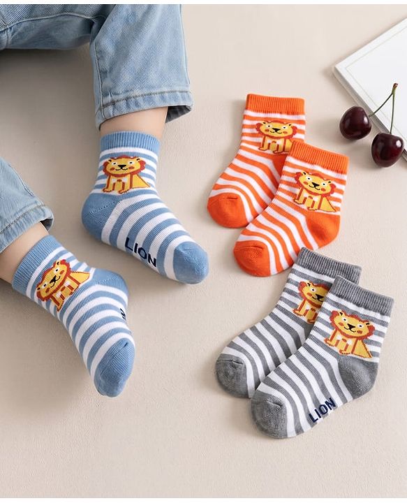 Cute Walk by Babyhug Ankle Length Striped Socks Lion Design - Orange Blue Grey