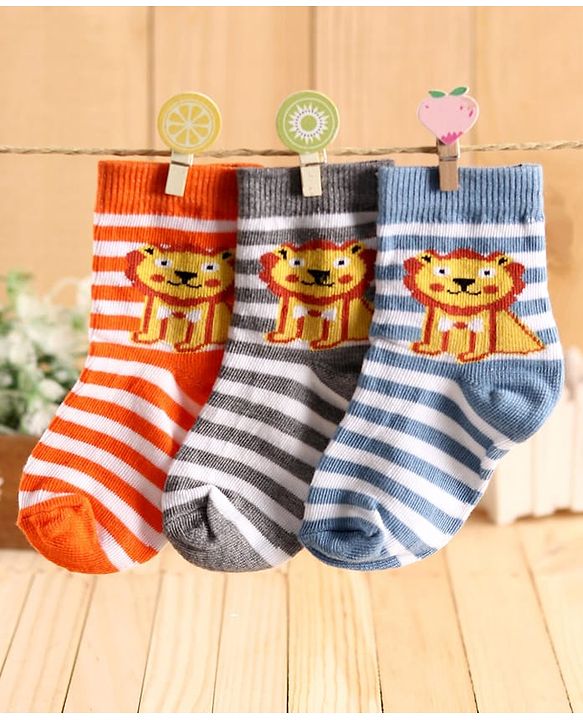 Cute Walk by Babyhug Ankle Length Striped Socks Lion Design - Orange Blue Grey