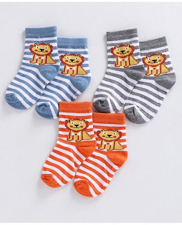 Cute Walk by Babyhug Ankle Length Striped Socks Lion Design - Orange Blue Grey