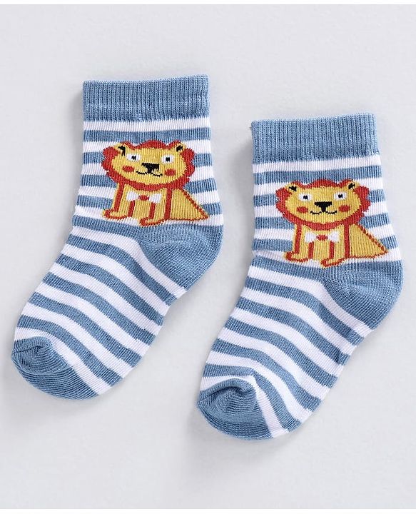 Cute Walk by Babyhug Ankle Length Striped Socks Lion Design - Orange Blue Grey