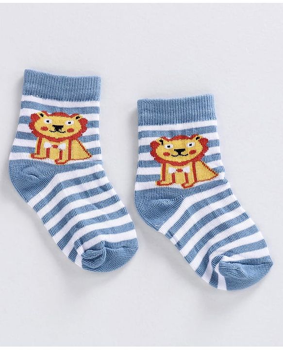 Cute Walk by Babyhug Ankle Length Striped Socks Lion Design - Orange Blue Grey