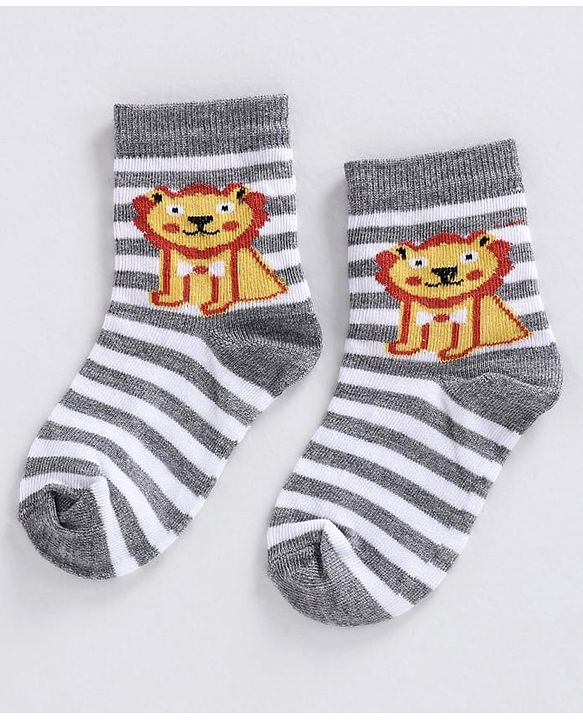 Cute Walk by Babyhug Ankle Length Striped Socks Lion Design - Orange Blue Grey