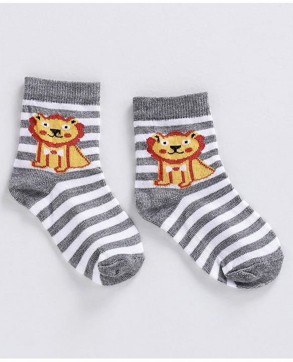 Cute Walk by Babyhug Ankle Length Striped Socks Lion Design - Orange Blue Grey