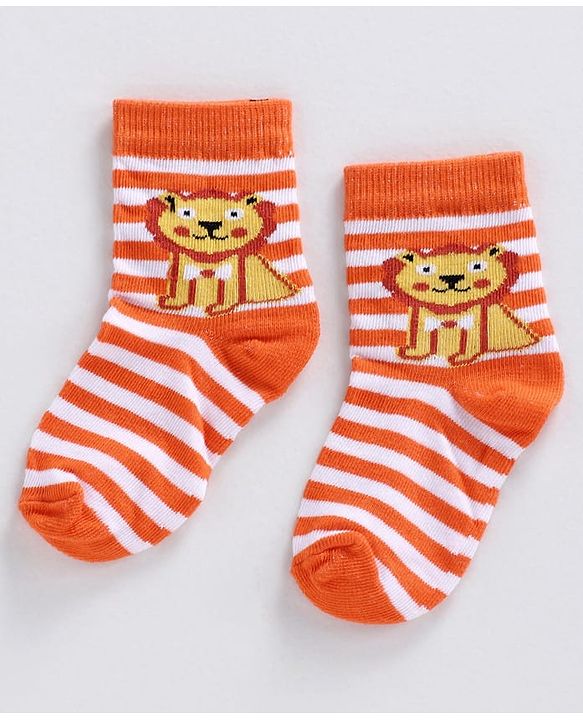 Cute Walk by Babyhug Ankle Length Striped Socks Lion Design - Orange Blue Grey
