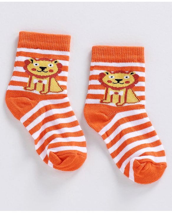 Cute Walk by Babyhug Ankle Length Striped Socks Lion Design - Orange Blue Grey