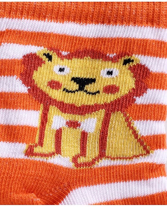 Cute Walk by Babyhug Ankle Length Striped Socks Lion Design - Orange Blue Grey