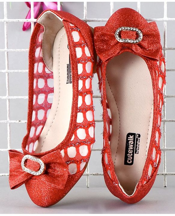 Cute Walk by Babyhug Party Wear Belly Shoes Bow Appliques - Red