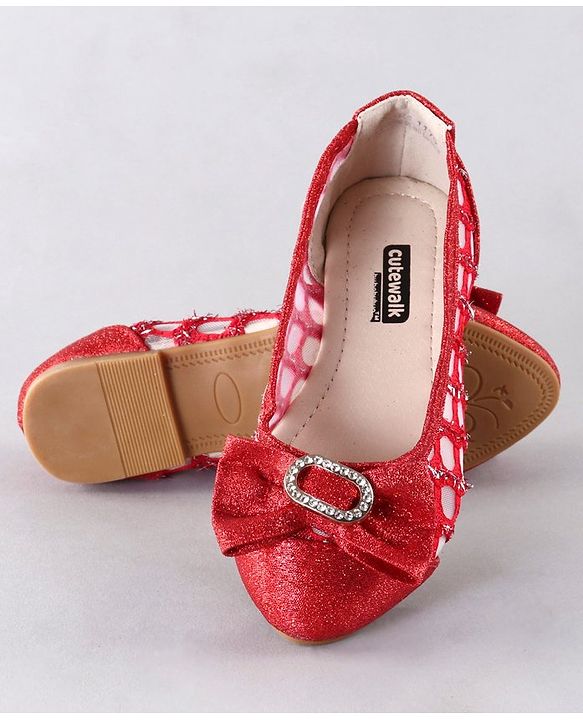 Cute Walk by Babyhug Party Wear Belly Shoes Bow Appliques - Red