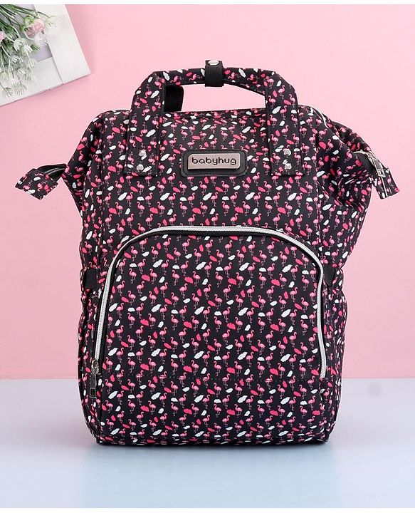 Babyhug Diaper Bag Black Flamingo Print - Maroon