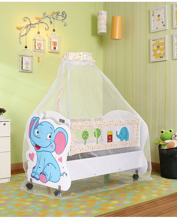 Babyhug Little Elephant Wooden Cradle with Wheels & Big Storage Drawers for Toys - Blue White| Balanced Swing| Mosquito Net| Swing Lock| Wheels with Lock| Easy to Assemble