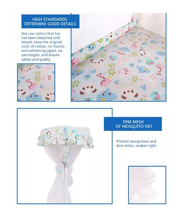 Babyhug Little Elephant Wooden Cradle with Wheels & Big Storage Drawers for Toys - Blue White| Balanced Swing| Mosquito Net| Swing Lock| Wheels with Lock| Easy to Assemble