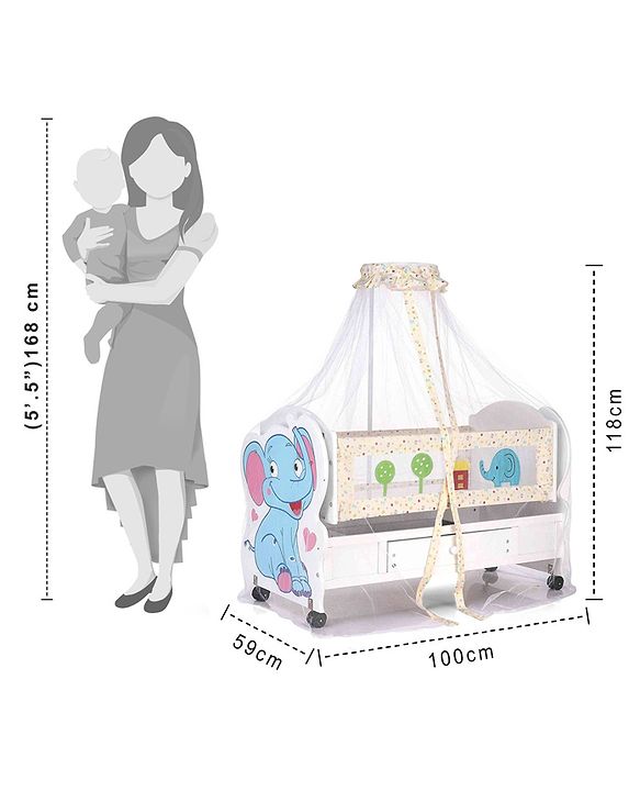 Babyhug Little Elephant Wooden Cradle with Wheels & Big Storage Drawers for Toys - Blue White| Balanced Swing| Mosquito Net| Swing Lock| Wheels with Lock| Easy to Assemble