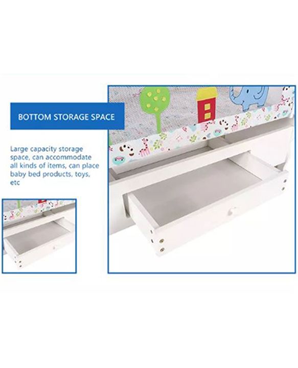 Babyhug Little Elephant Wooden Cradle with Wheels & Big Storage Drawers for Toys - Blue White| Balanced Swing| Mosquito Net| Swing Lock| Wheels with Lock| Easy to Assemble