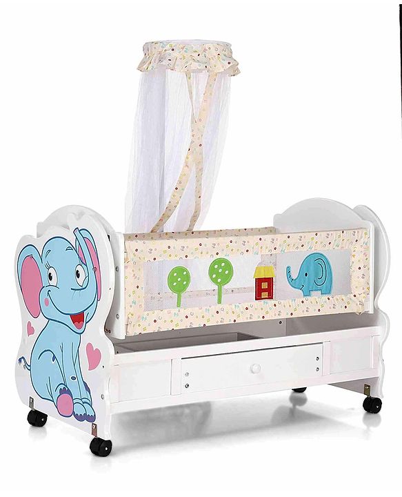 Babyhug Little Elephant Wooden Cradle with Wheels & Big Storage Drawers for Toys - Blue White| Balanced Swing| Mosquito Net| Swing Lock| Wheels with Lock| Easy to Assemble