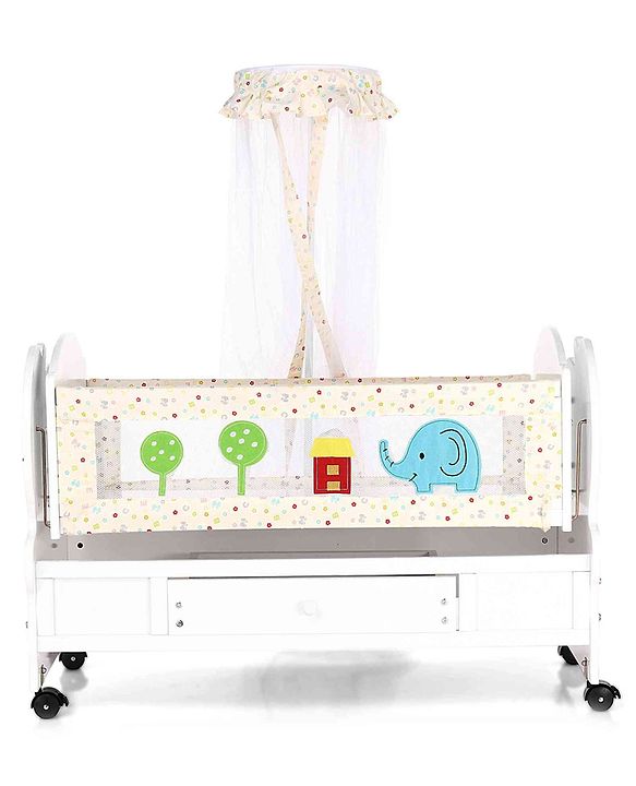Babyhug Little Elephant Wooden Cradle with Wheels & Big Storage Drawers for Toys - Blue White| Balanced Swing| Mosquito Net| Swing Lock| Wheels with Lock| Easy to Assemble