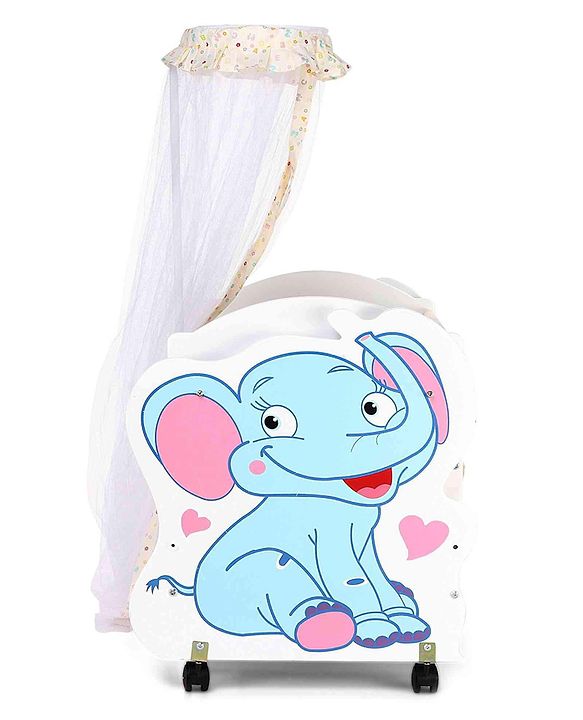 Babyhug Little Elephant Wooden Cradle with Wheels & Big Storage Drawers for Toys - Blue White| Balanced Swing| Mosquito Net| Swing Lock| Wheels with Lock| Easy to Assemble