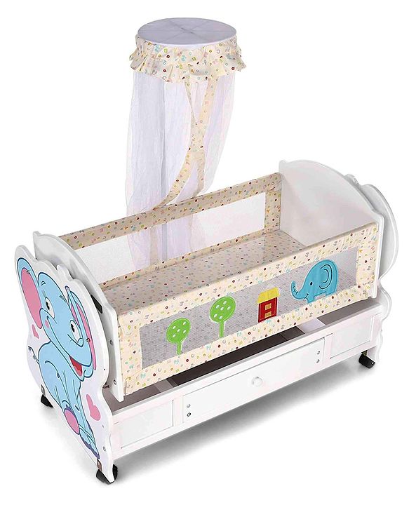 Babyhug Little Elephant Wooden Cradle with Wheels & Big Storage Drawers for Toys - Blue White| Balanced Swing| Mosquito Net| Swing Lock| Wheels with Lock| Easy to Assemble