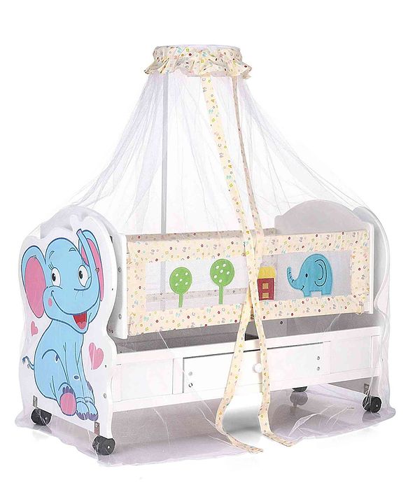 Babyhug Little Elephant Wooden Cradle with Wheels & Big Storage Drawers for Toys - Blue White| Balanced Swing| Mosquito Net| Swing Lock| Wheels with Lock| Easy to Assemble