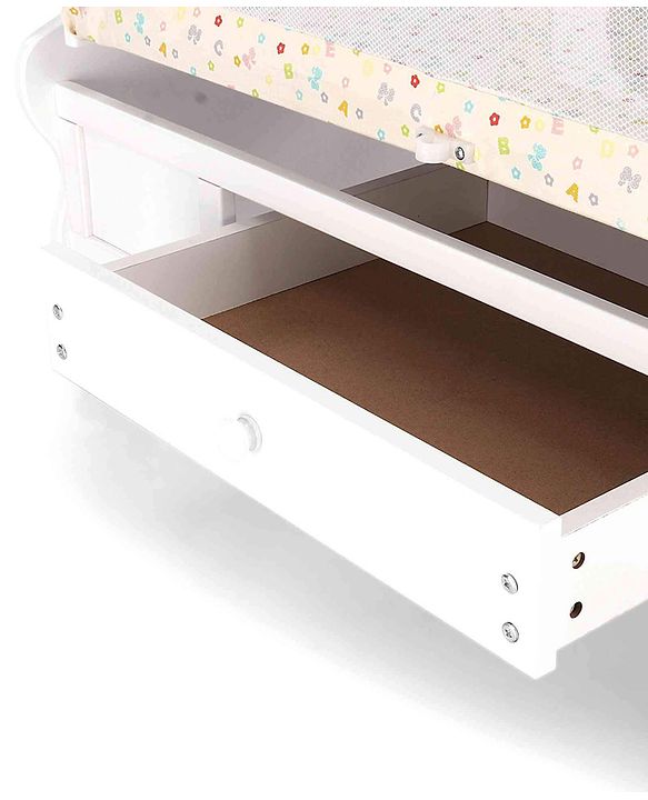 Babyhug Little Elephant Wooden Cradle with Wheels & Big Storage Drawers for Toys - Blue White| Balanced Swing| Mosquito Net| Swing Lock| Wheels with Lock| Easy to Assemble