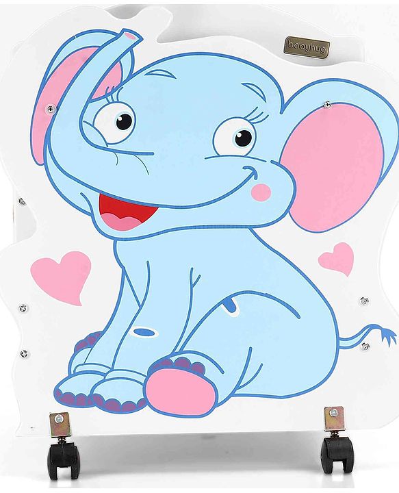 Babyhug Little Elephant Wooden Cradle with Wheels & Big Storage Drawers for Toys - Blue White| Balanced Swing| Mosquito Net| Swing Lock| Wheels with Lock| Easy to Assemble