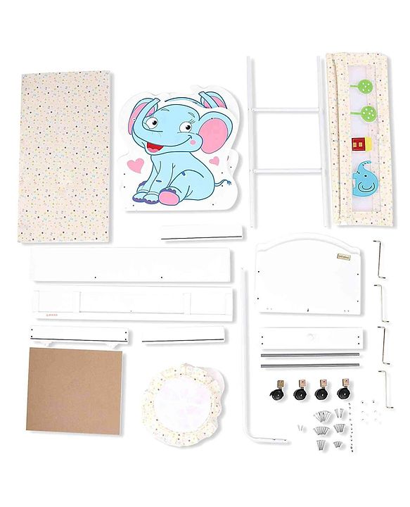 Babyhug Little Elephant Wooden Cradle with Wheels & Big Storage Drawers for Toys - Blue White| Balanced Swing| Mosquito Net| Swing Lock| Wheels with Lock| Easy to Assemble