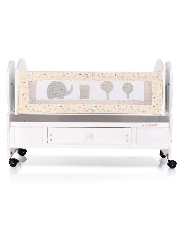 Babyhug Little Elephant Wooden Cradle with Wheels & Big Storage Drawers for Toys - Blue White| Balanced Swing| Mosquito Net| Swing Lock| Wheels with Lock| Easy to Assemble