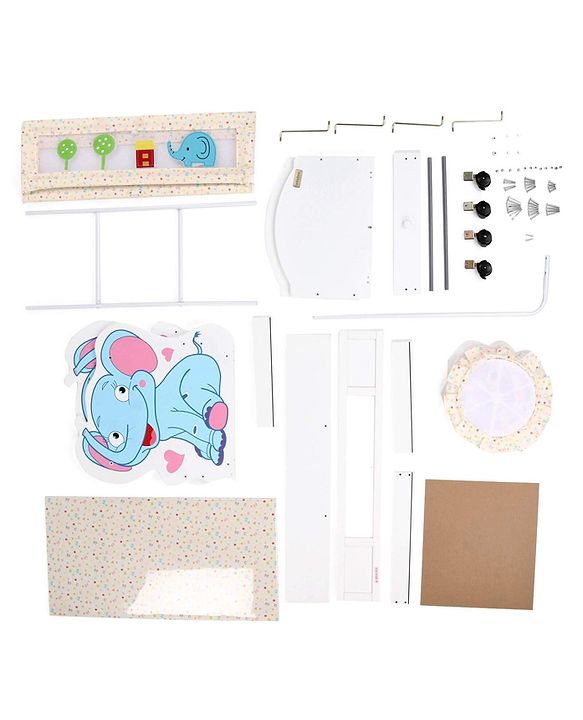 Babyhug Little Elephant Wooden Cradle with Wheels & Big Storage Drawers for Toys - Blue White| Balanced Swing| Mosquito Net| Swing Lock| Wheels with Lock| Easy to Assemble