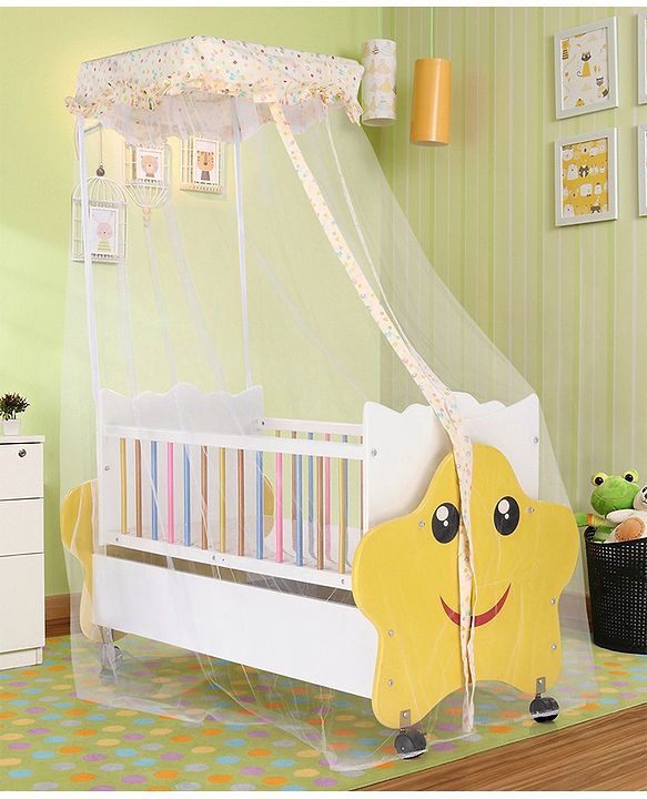Babyhug Lucky Star Wooden Cradle with Wheel & Big Storage Drawers for Toys - Yellow White| Balanced Swing| Mosquito Net| Swing Lock| Wheels with Lock| Easy to Assemble