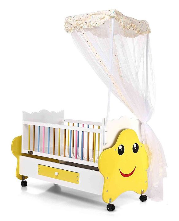 Babyhug Lucky Star Wooden Cradle with Wheel & Big Storage Drawers for Toys - Yellow White| Balanced Swing| Mosquito Net| Swing Lock| Wheels with Lock| Easy to Assemble