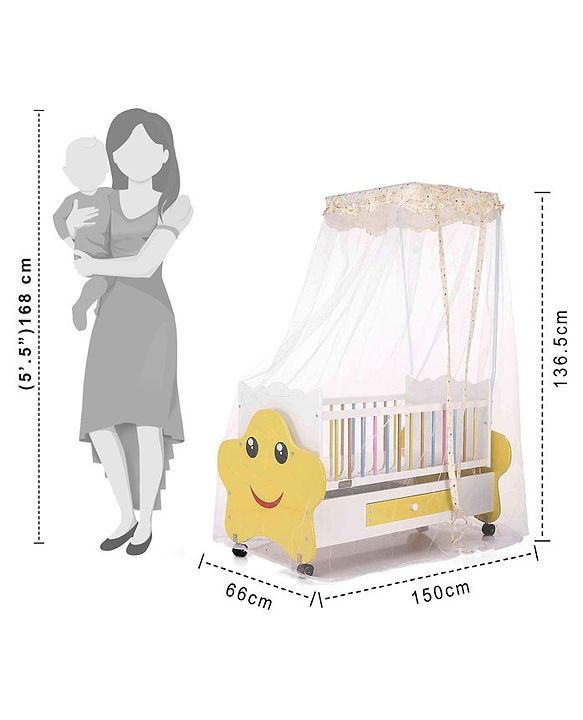 Babyhug Lucky Star Wooden Cradle with Wheel & Big Storage Drawers for Toys - Yellow White| Balanced Swing| Mosquito Net| Swing Lock| Wheels with Lock| Easy to Assemble