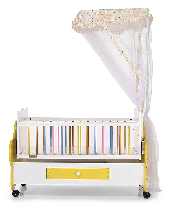 Babyhug Lucky Star Wooden Cradle with Wheel & Big Storage Drawers for Toys - Yellow White| Balanced Swing| Mosquito Net| Swing Lock| Wheels with Lock| Easy to Assemble
