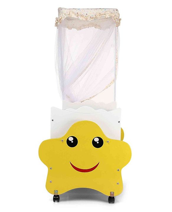Babyhug Lucky Star Wooden Cradle with Wheel & Big Storage Drawers for Toys - Yellow White| Balanced Swing| Mosquito Net| Swing Lock| Wheels with Lock| Easy to Assemble