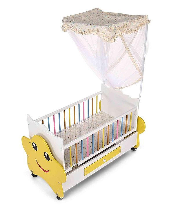Babyhug Lucky Star Wooden Cradle with Wheel & Big Storage Drawers for Toys - Yellow White| Balanced Swing| Mosquito Net| Swing Lock| Wheels with Lock| Easy to Assemble