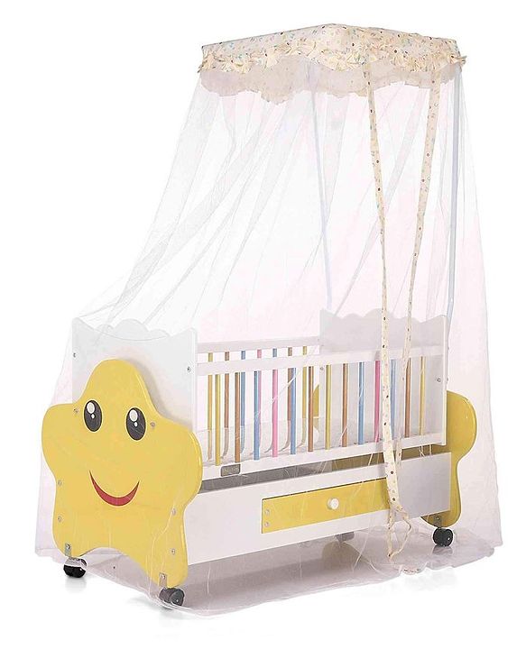 Babyhug Lucky Star Wooden Cradle with Wheel & Big Storage Drawers for Toys - Yellow White| Balanced Swing| Mosquito Net| Swing Lock| Wheels with Lock| Easy to Assemble
